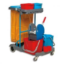 Chariot d'entretien compact Brosserie Thomas - polypropylène - gris + presse à machoires + 2 seaux - 22L - rouge et bleu