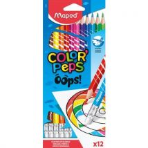 Pochette de 12 crayons de couleur effaçables Maped OOPS COLOR'PEPS. Embout gomme. Couleurs assorties