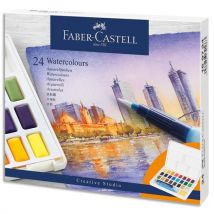 Boîte de 24 Faber Castell Demi godets Aquarelle - Palette détachable - Pinceau à eau fourni