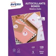 Sachet de 120 autocollants ronds Avery blanc mat- Diamètre 4cm - Impression jet d'encre