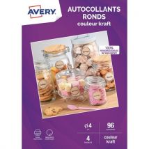 Sachet de 96 autocollants ronds Avery kraft brun - Diamètre 4cm - Impression jet d'encre & laser