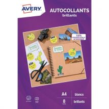 Sachet de 8 autocollants Avery blancs brillants qualité photo A4 - Impression jet d'encre