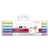 Set de 5 marqueur Tombow à base d'alcool ABT PRO, pointe en nylon et pointe biseautée, Couleur Pastel