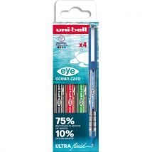 Pochette de 4 rollers encre liquide Eye Ocean Care Uni-Ball. Pointe métal 0.7mm. Couleurs assorties