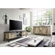 Soggiorno Industry con porta tv e madia in finitura Nero bruciato e Legno ZLCMGPTVMAD3