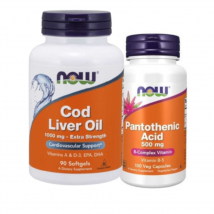 Zestaw Now Foods Cod Liver Oil 1000mg + Pantothenic Acid 500mg 90softgels + 100kaps