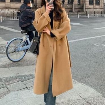 Lapel Collar Plain Double Breasted Long Coat