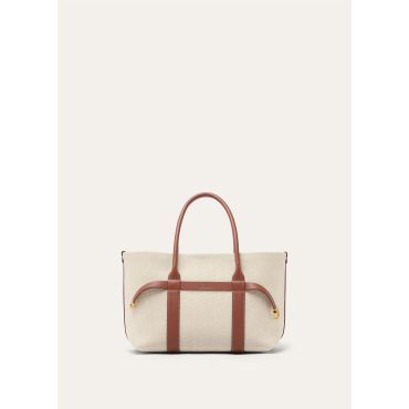 Loro Piana - Ghiera Shopper Small Natural Canvas Rounded Calf, Woman, Natural/Caramel Sugar/Sun Gold, Size: NR