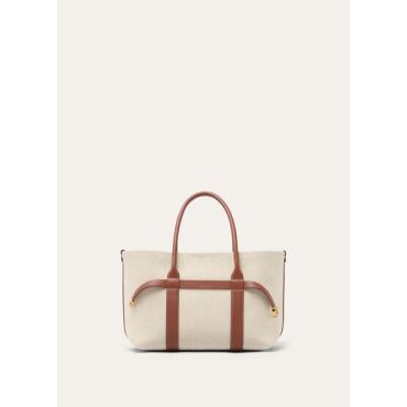 Loro Piana - Ghiera Shopper Small Natural Canvas Rounded Calf, Woman, Natural/Caramel Sugar/Sun Gold, Size: NR