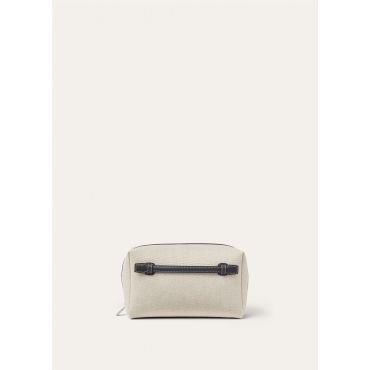 Loro Piana - Extra Travel Pouch Medium Ntrl Cnvs/rndd Lther, Man, Natural-Stonehenge/Antique Silver, Size: NR