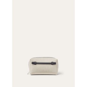 Loro Piana - Extra Travel Pouch Medium Ntrl Cnvs/rndd Lther, Man, Natural-Stonehenge/Antique Silver, Size: NR