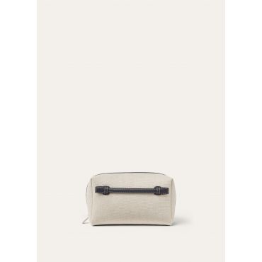 Loro Piana - Extra Travel Pouch Medium Ntrl Cnvs/rndd Lther, Man, Natural-Stonehenge/Antique Silver, Size: NR