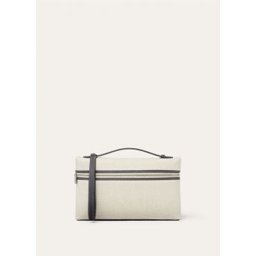 Loro Piana - Extra Pouch L29 Natural Canvas/rounded Leather, Man, Natural-Stonehenge/Antique Silver, Size: NR
