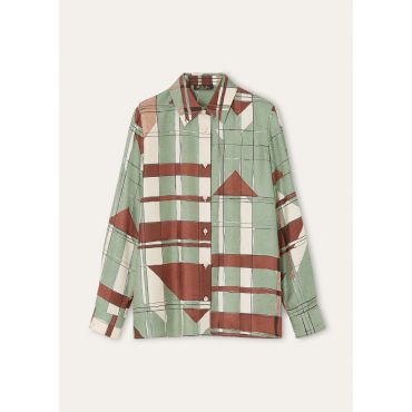 Loro Piana - Clarissa Shirt Clan Collage Silk Twill, Woman, Mocha Mousse/Barley Grass, Size: 40
