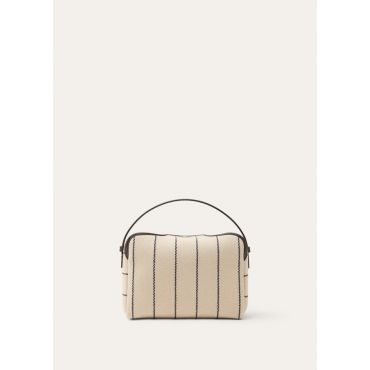 Loro Piana - Lp Travel Pouch Striped Canvas/rounded Leather, Woman, Blue/Ecru/Dark Chocolate/Sun Gold, Size: NR