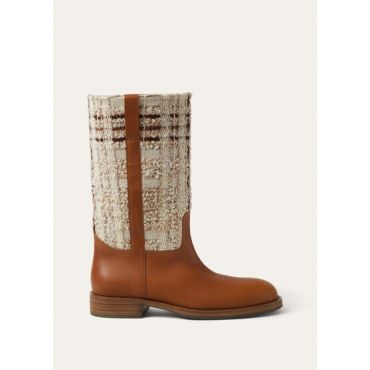 Loro Piana - Pablo Walk Mid Boot Silky Leather & Check Tweed, Woman, Silky Cream/Fluid Pastel/Crimson Melange, Size: 40,5