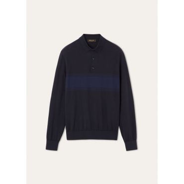 Loro Piana - St. Andrews Polo Sweater Cotton Gg 18, Man, Blue Navy/Ocean Waves, Size: 50