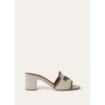 Loro Piana - Summer Charms Heeled Mule T55 Nat. Canvas & Calf, Woman, Natural/Caramel Sugar, Size: 41