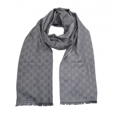 Gucci - Light Grey GG Monogram Webbing Reversible Wool and Silk Blend Scarf