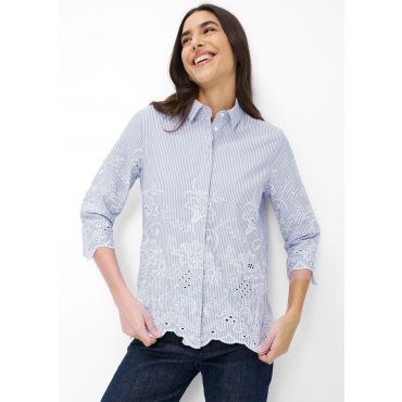 Puuvillapusero, jossa raitoja ja kukkakirjailua - sininen / valkoinen / raidall. - Gr. 44 - Goldner Fashion