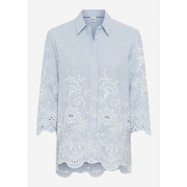 Puuvillapusero, jossa raitoja ja kukkakirjailua - sininen / valkoinen / raidall. - Gr. 42 - Goldner Fashion
