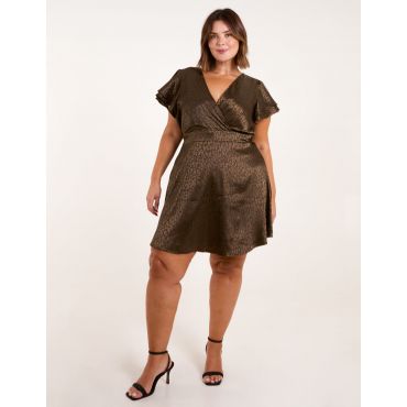 Curve Leopard Jacquard Frill Sleeve Mini Dress - 22/24 / KHAKI