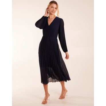 Wrap Front Pleated Midi Dress - L/XL / NAVY
