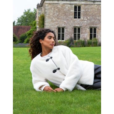 Collarless Toggle Detail Faux Fur Jacket - L / CREAM