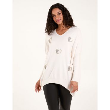 V Neck Diamante Hearts Jumper - ONE / CREAM