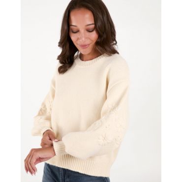 Embroidered Sleeve Jumper - S/M / CREAM