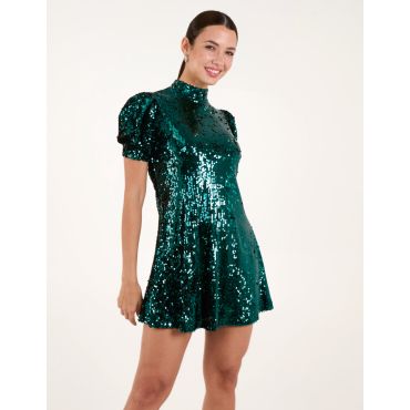 Puff Sleeve Sequin Dress - 10 / Bottle Green
