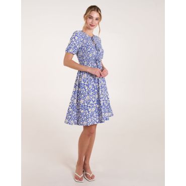 Tie Keyhole Front Puff Sleeve Dress - L/XL / BLUE