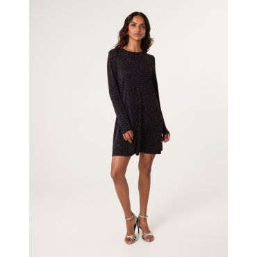 Metallic Diamante Swing Dress - S / BLACK
