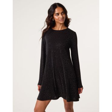 Metallic Diamante Swing Dress - S / BLACK