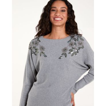Sequin Flower Detail Batwing Jumper - S/M / GREY