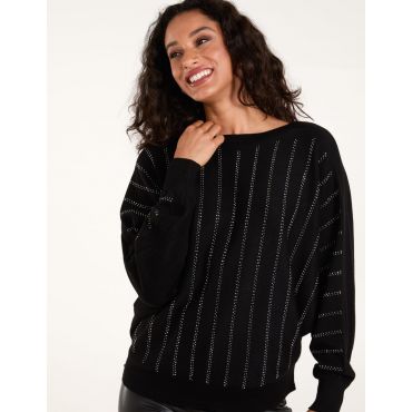 Striped Diamante Batwing Jumper - S/M / BLACK