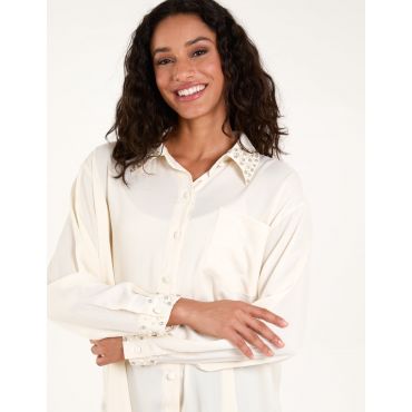 Embellished Collar & Cuff Satin Shirt - S/M / CREAM