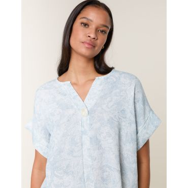 Printed V Neck Button Top - M / BLUE
