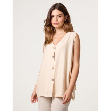 Button Through Side Detail Waistcoat Top - S/M / BEIGE