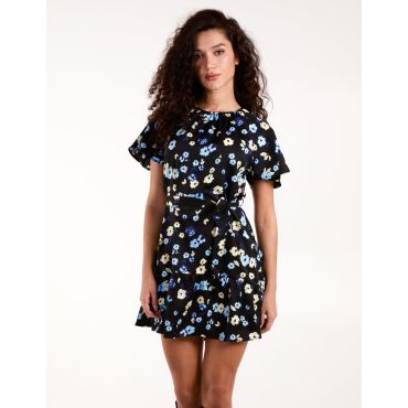 Tie Waist Floral Mini Dress - XL / BLACK PATTERN