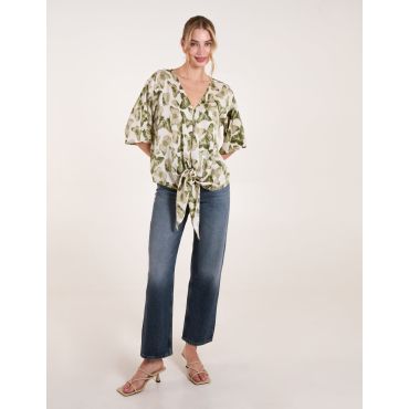 Tie Front Watercolour Butterfly Printed Top - M/L / GREEN