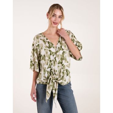 Tie Front Watercolour Butterfly Printed Top - M/L / GREEN
