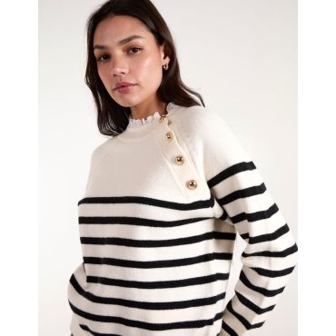 Horizontal Stripes Shoulder Button Detailed Jumper - S/M / STONE/BLACK