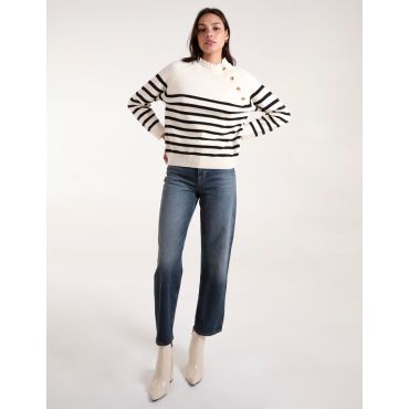 Horizontal Stripes Shoulder Button Detailed Jumper - S/M / STONE/BLACK
