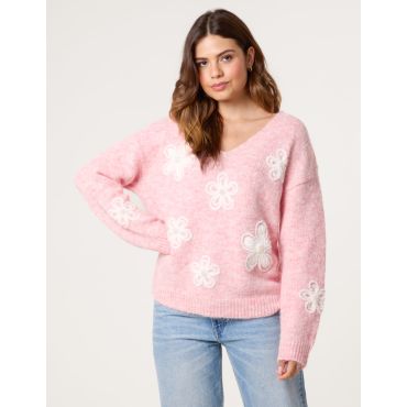 V Neck Flower And Pearl Jumper - S/M / PINK