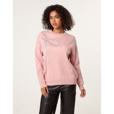Diamante And Pearl Bow Knit Jumper - S/M / PINK