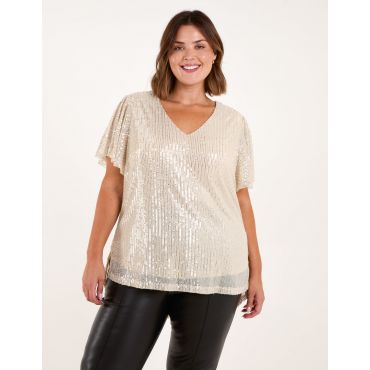 Curve Sequin Flutter Sleeve Top - 26/28 / Champagne