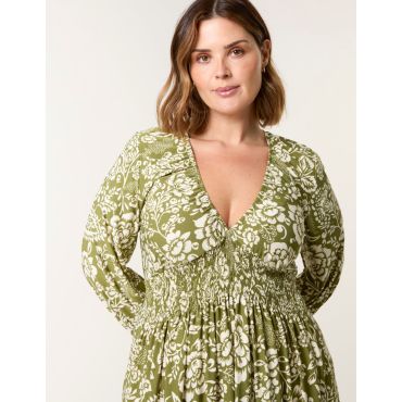 Curve Shirred Neck Elastic Mini Dress - 22/24 / KHAKI