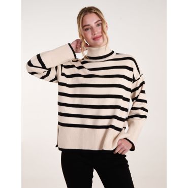 Wide Stripe Roll Neck Jumper - M / CREAM