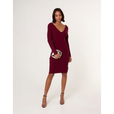 V Neck Bow Back Detailed Knitted Dress - 14/16 / BERRY